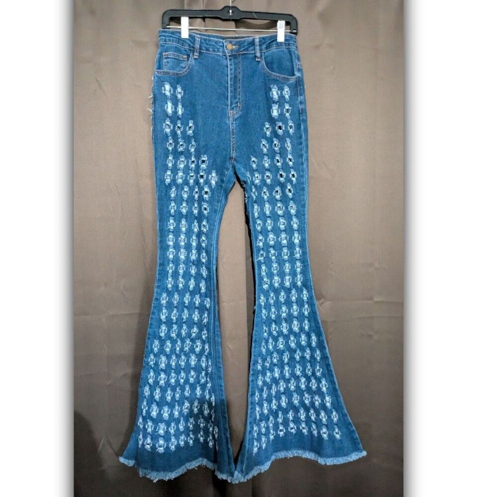 Purple Candy Women's Large Cutouts Fringe Flares Denim Distressed Stretch Jeans